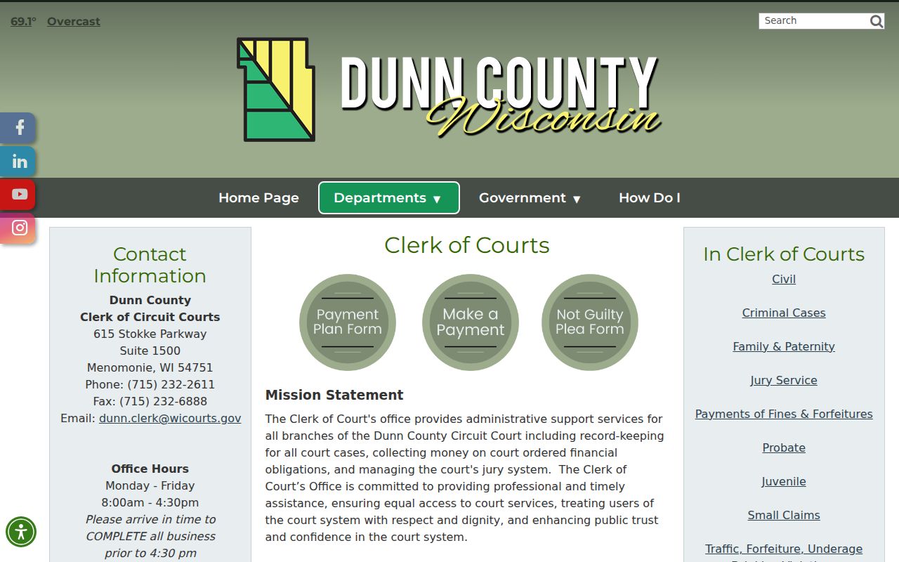Dunn County criminal court cases clerk office webpage