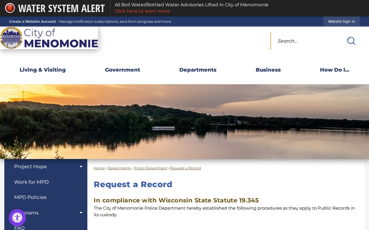 Menomonie criminal records request page for police reports