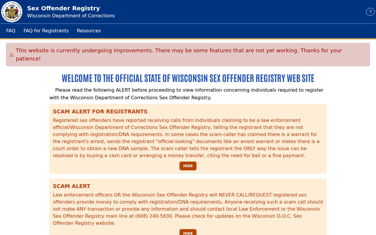 Wisconsin DOC public sex offender registry search screen used for Dunn County queries